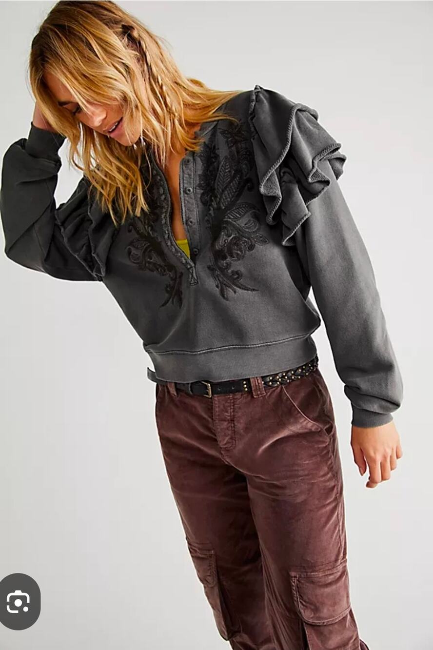 Free People Harriet Sweatshirt Small Charcoal Gray Embroidered Ruffle Pullover